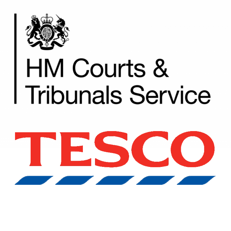 Her Majesty's Courts and Tribunals Service and Tesco logo stacked vertically.