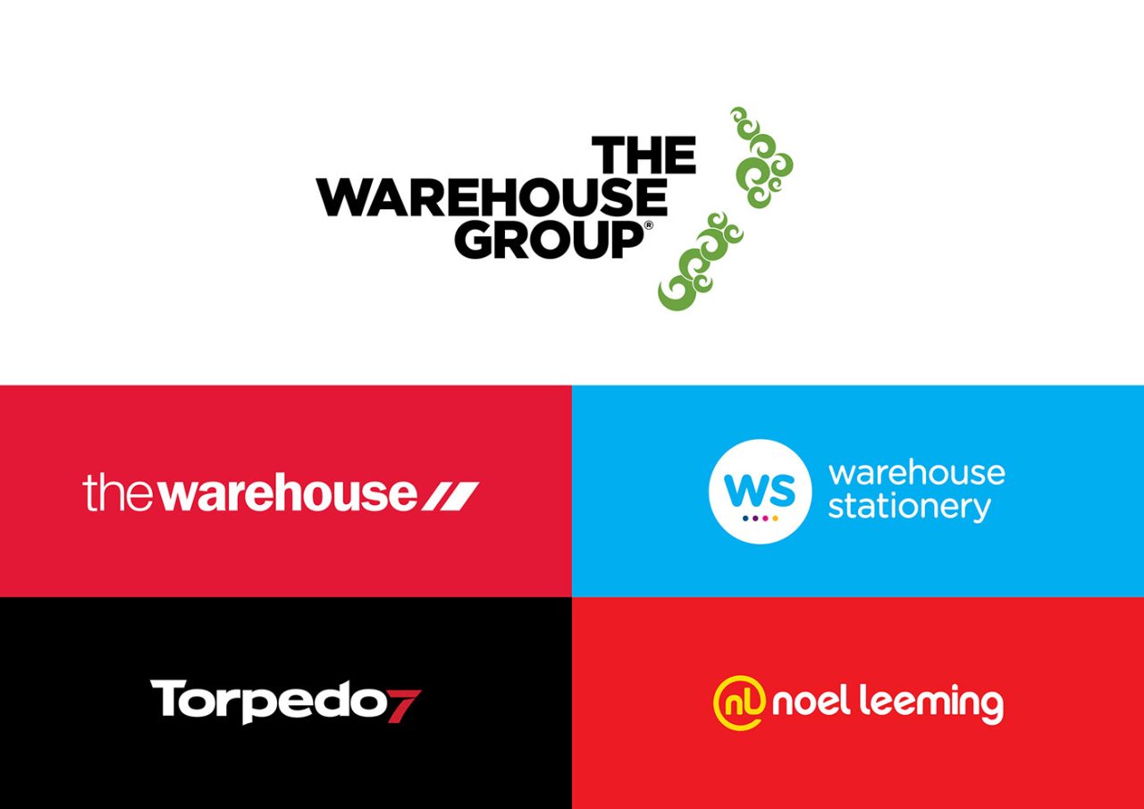 The Warehouse Group logos: The Warehouse, Warehouse Stationery, Torpedo 7, Noel Leeming